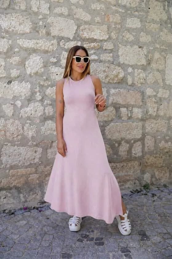 Kadın Arkadan çapraz Detay Yuvarlak Yaka Maksi Viskon Elbise