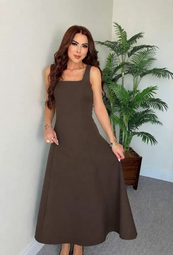 Kadın Askılı Kare Yakalı Kemersiz A şeklinde Gelen Uzun Ithal Krep Elbise