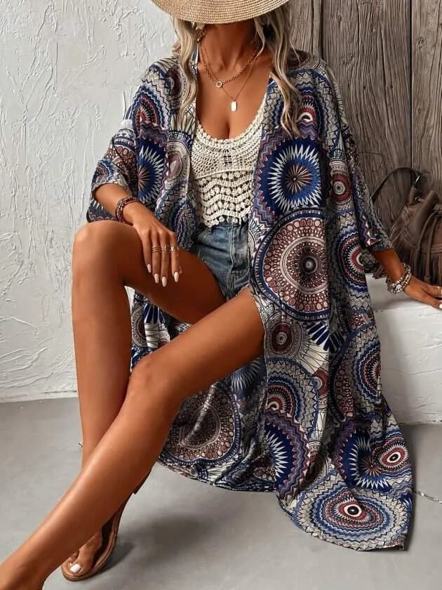 Kadın Kısa Kollu önü Açık Belden Kuşaklı Uzun Kimono