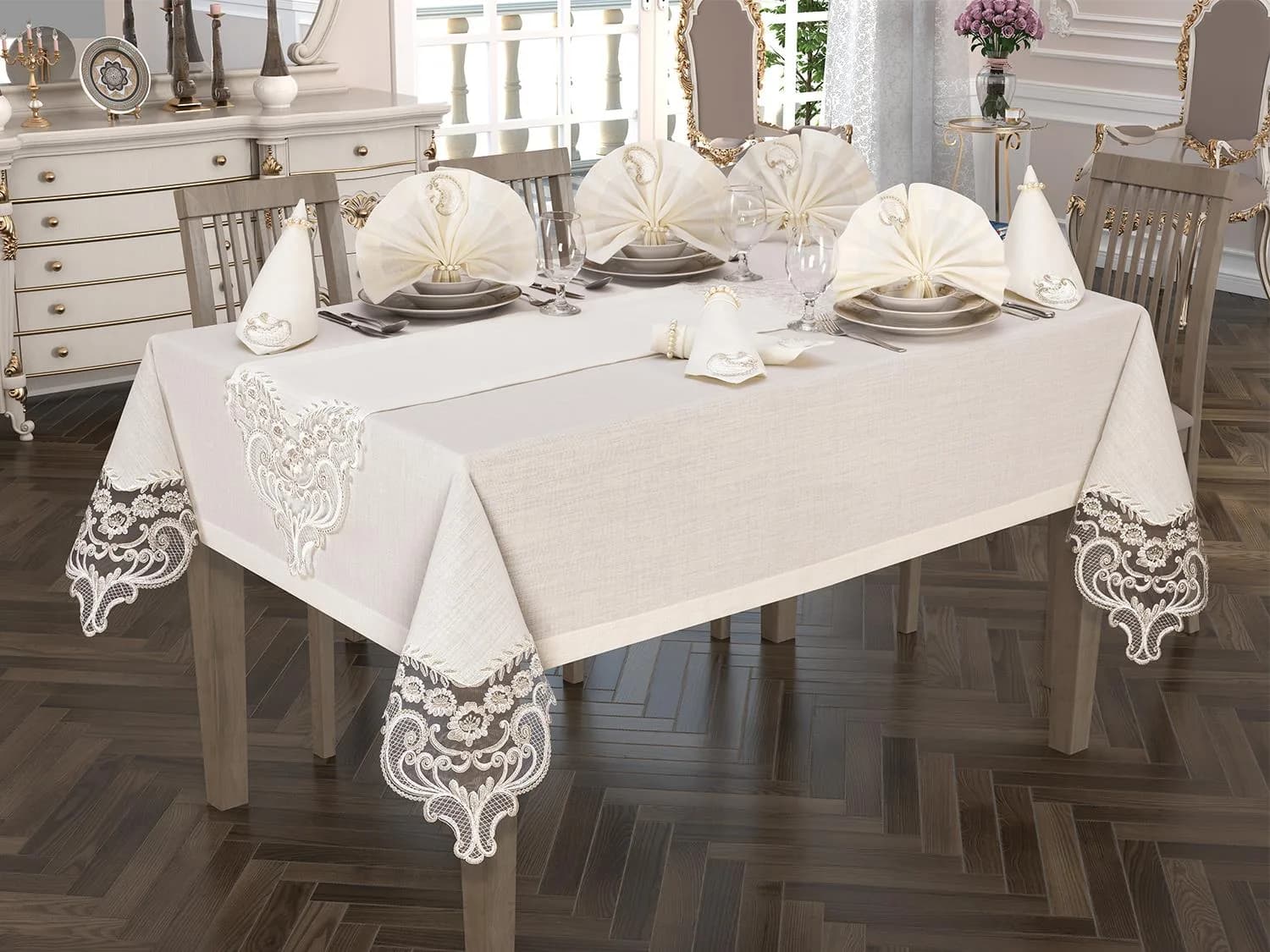 Crown Linen Fransız Güpürlü Masa Örtüsü Takımı 26 Parça Krem