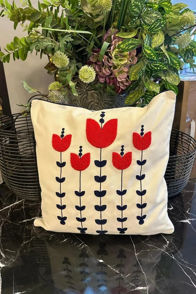 Lale Lüx Nakışlı Keten Kırlent Kılıfı 45x45 cm