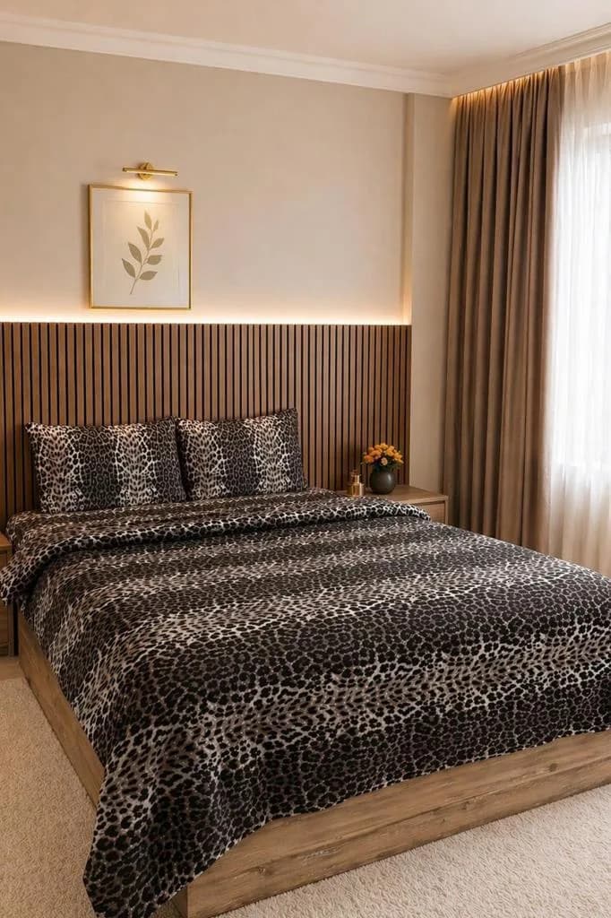 Leopar Desenli Lastikli Çarşaflı Çift Kişilik Nevresim Takımı