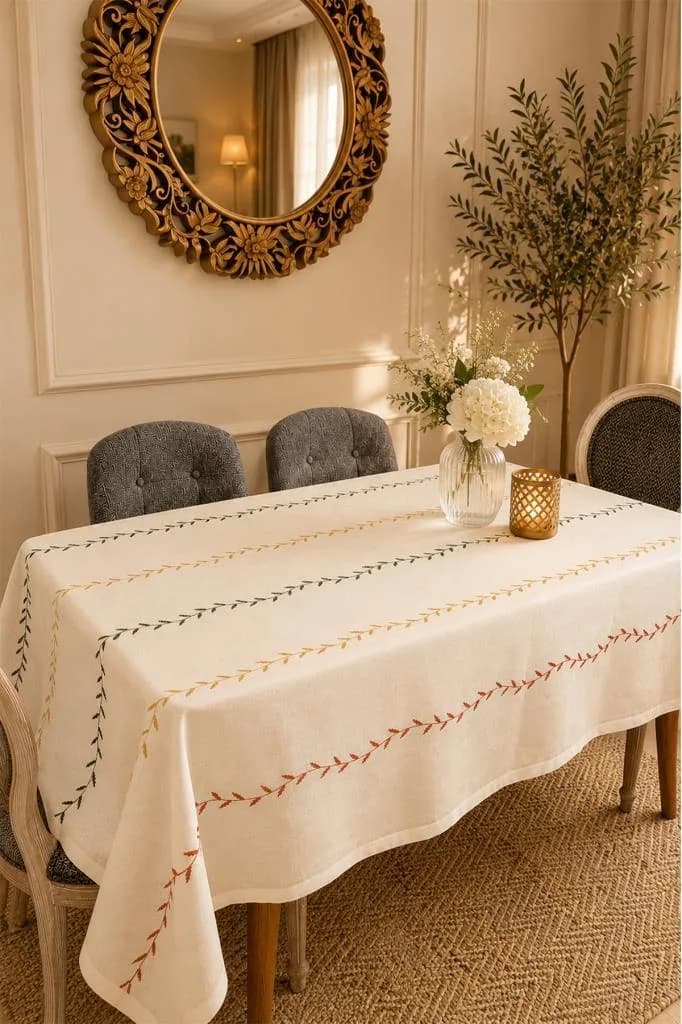 Anatolia Nakışlı Keten Masa Örtüsü Takımı 160x220 cm Krem