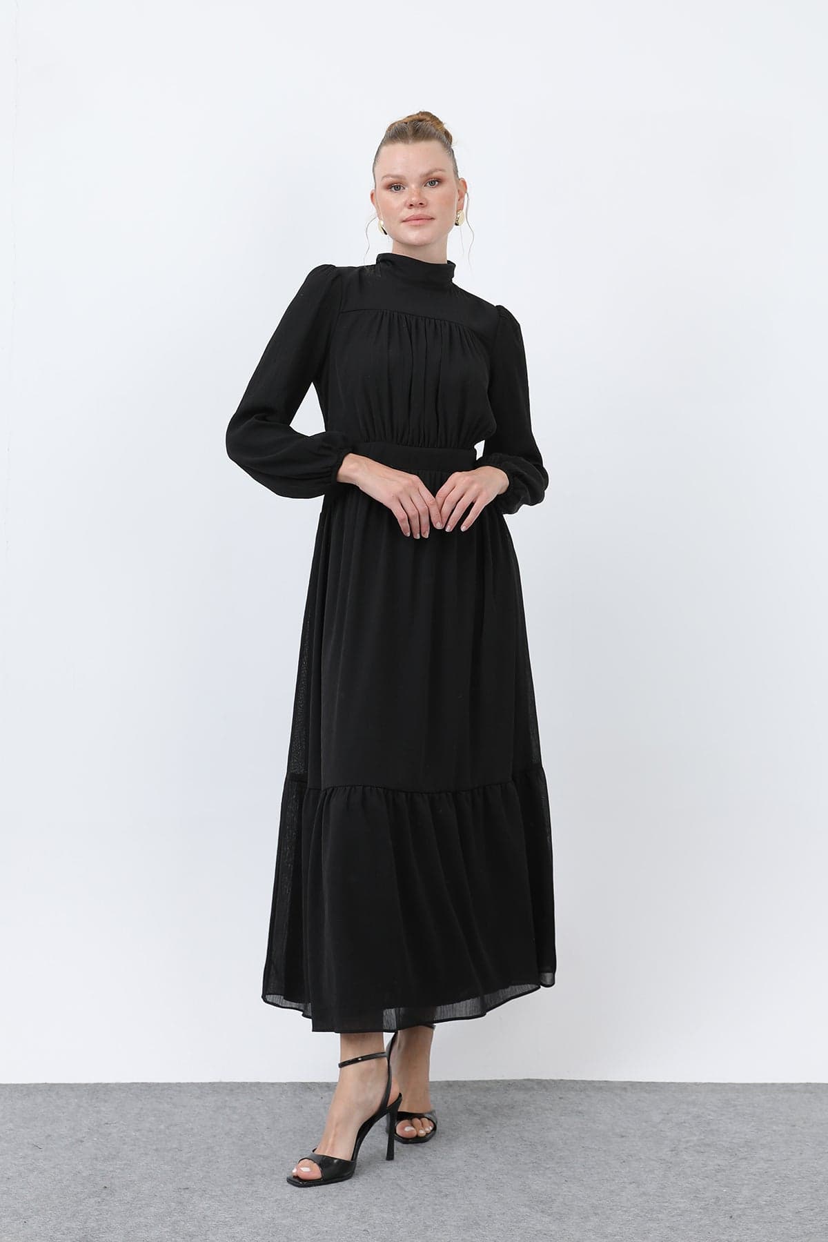 Kadın Drape Detaylı Yüksek Yaka Elbise - 12613ELB - BLACK