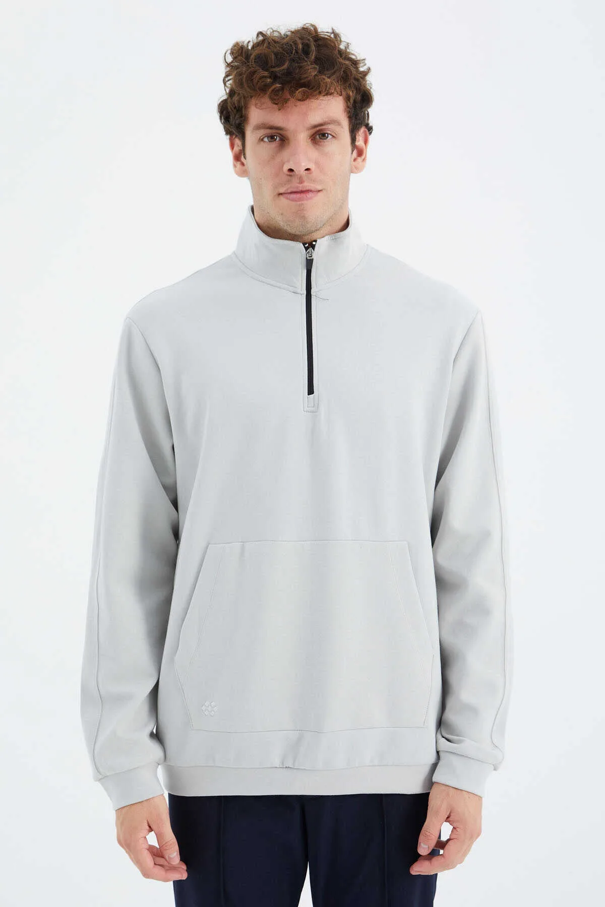 Tommylife Toptan Taş Dik Yaka Yarım Fermuarlı Cep Detaylı Erkek Sweatshirt - 88278 - TAŞ