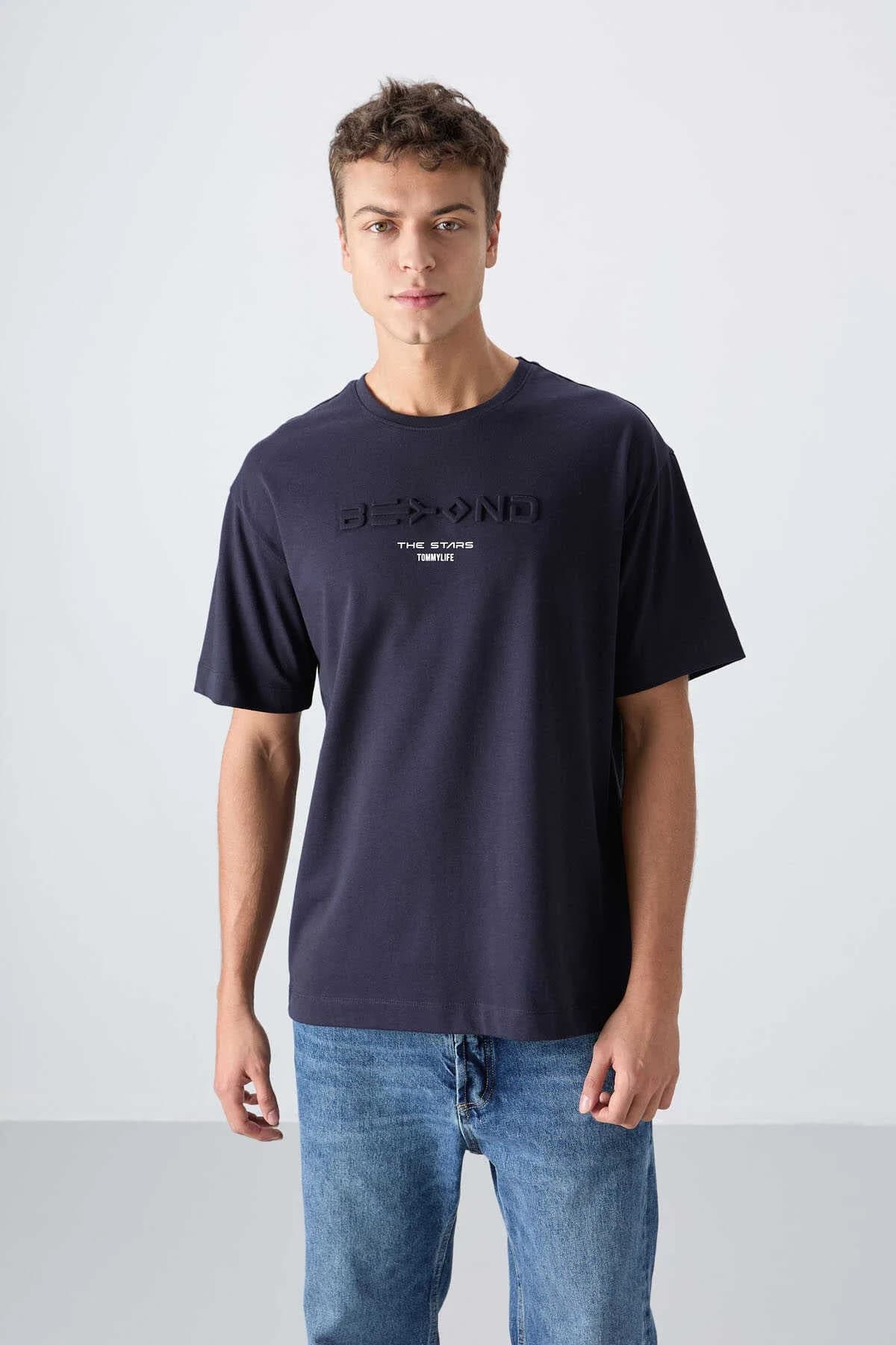 Tommylife Toptan O Yaka Oversize Baskılı Erkek T-Shirt 88328 Lacivert - LACİVERT