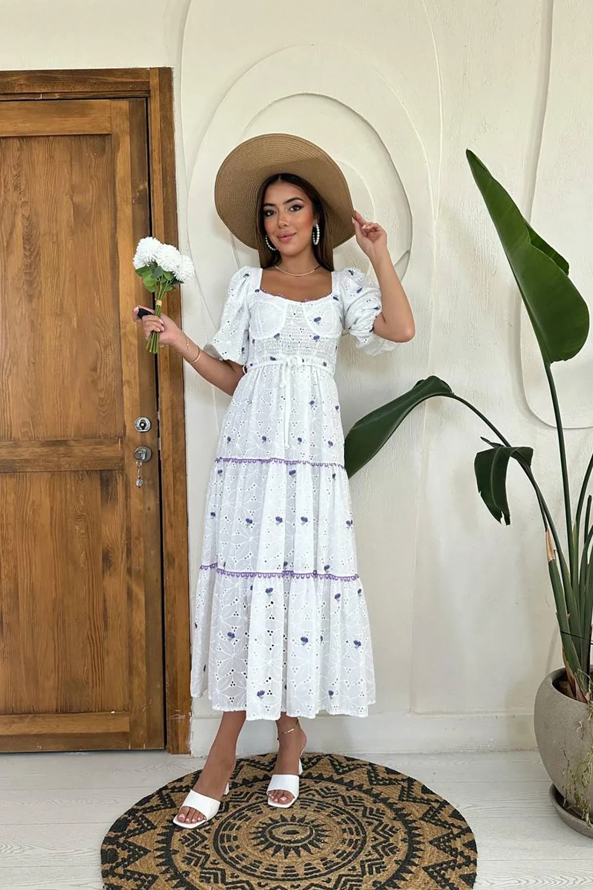 Lila Dantel Detaylı Brode Elbise - Lila