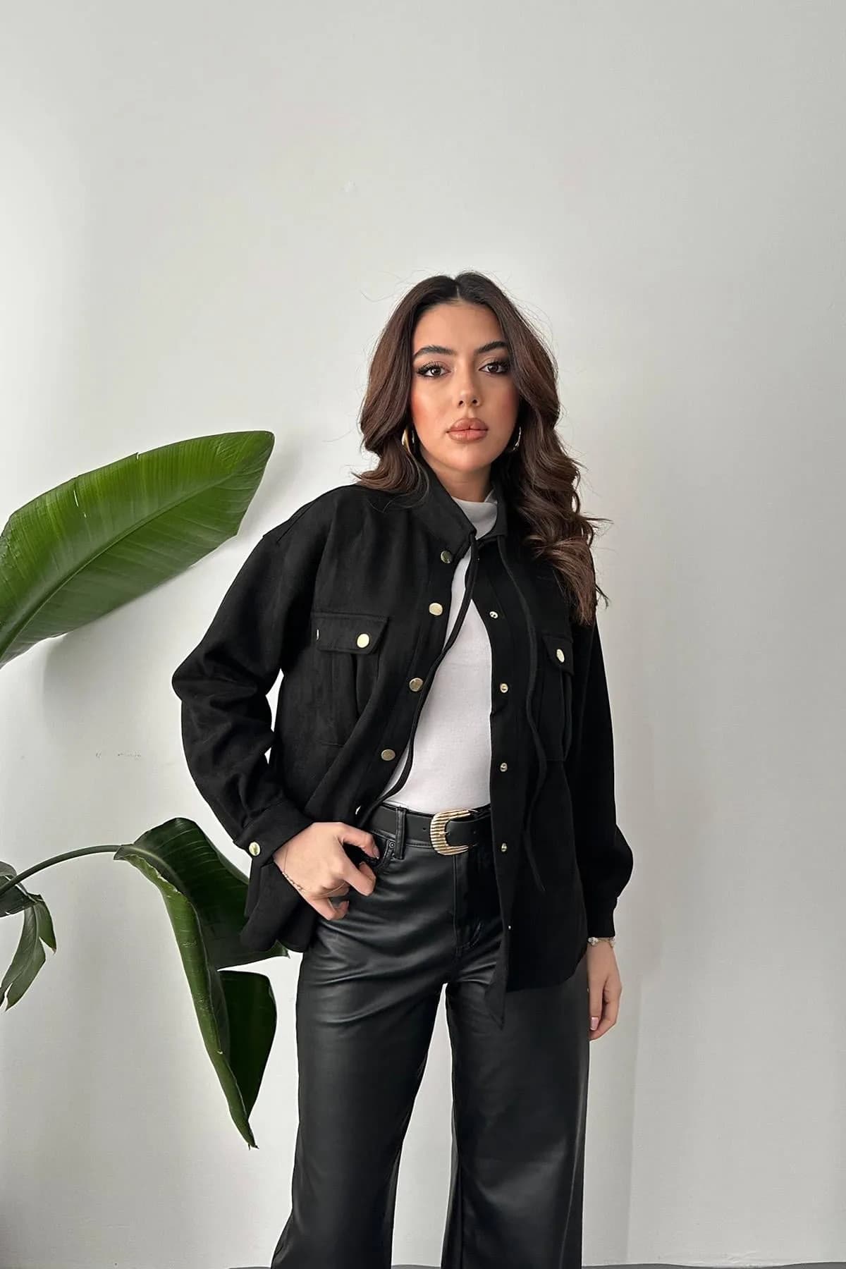 Siyah Çıtçıtlı Süet Gömlek - Siyah