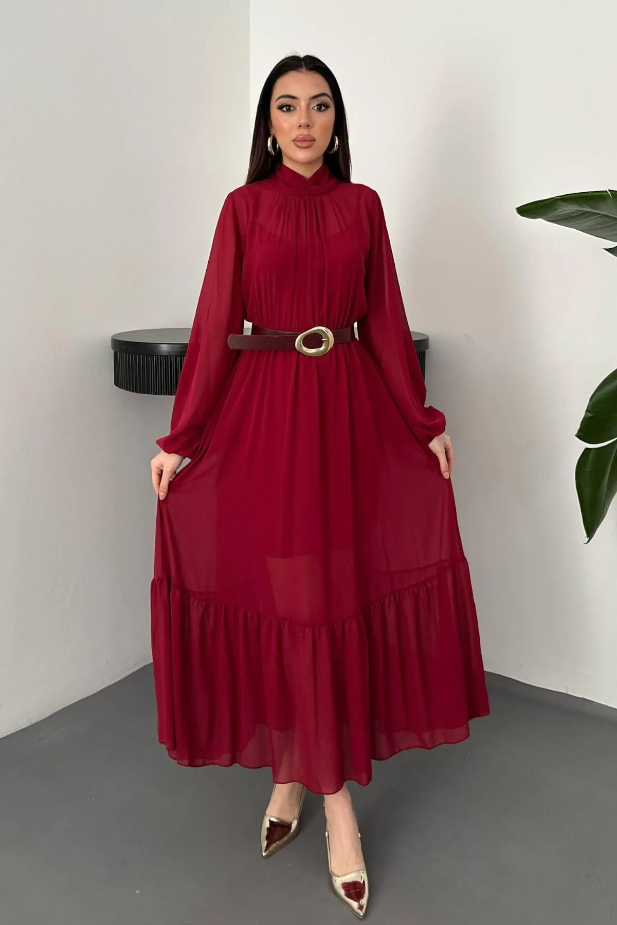 Bordo Eteği Fırfırlı Şifon Elbise - Bordo