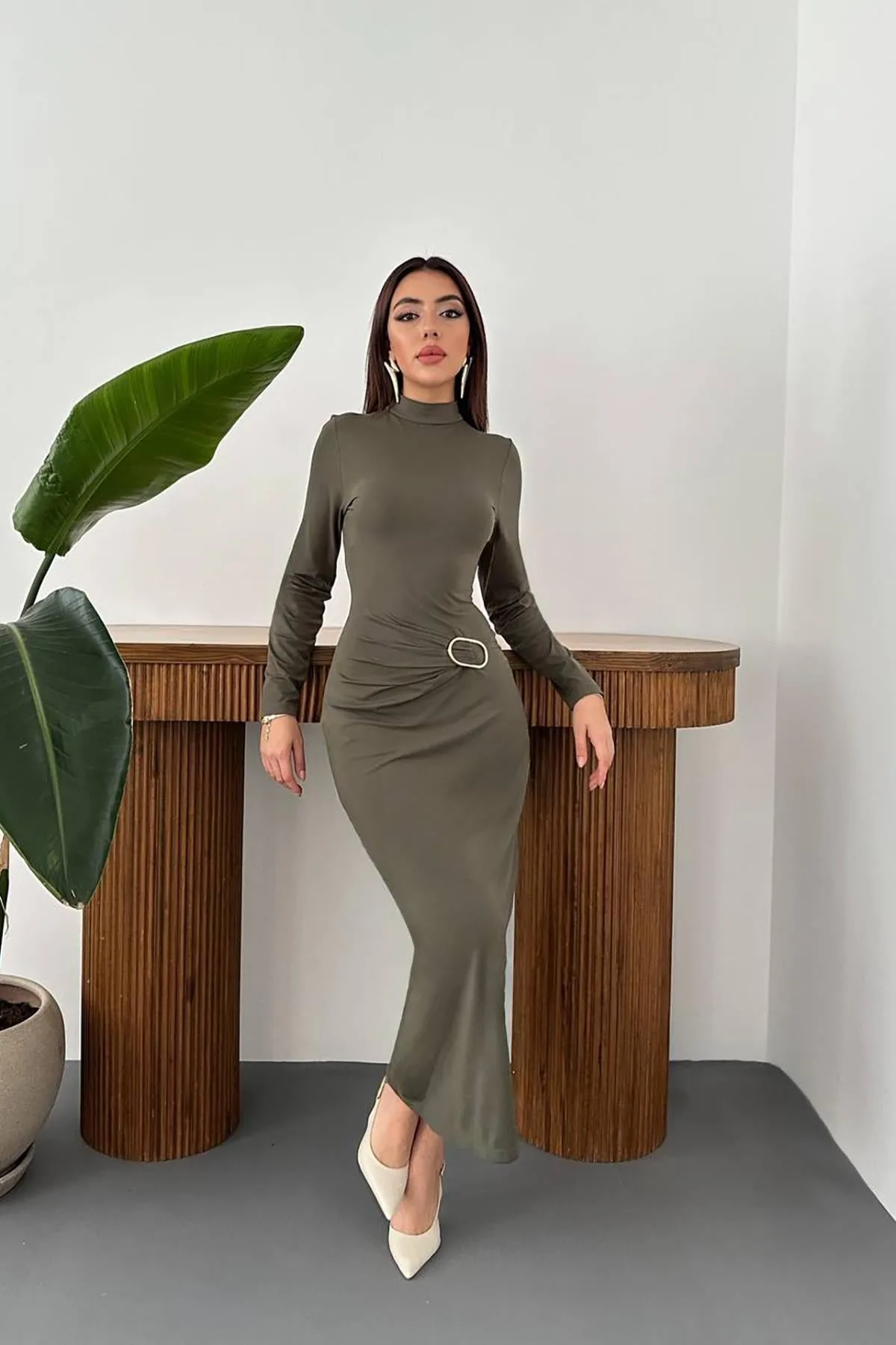 Haki Beli Tokalı Elbise - Haki