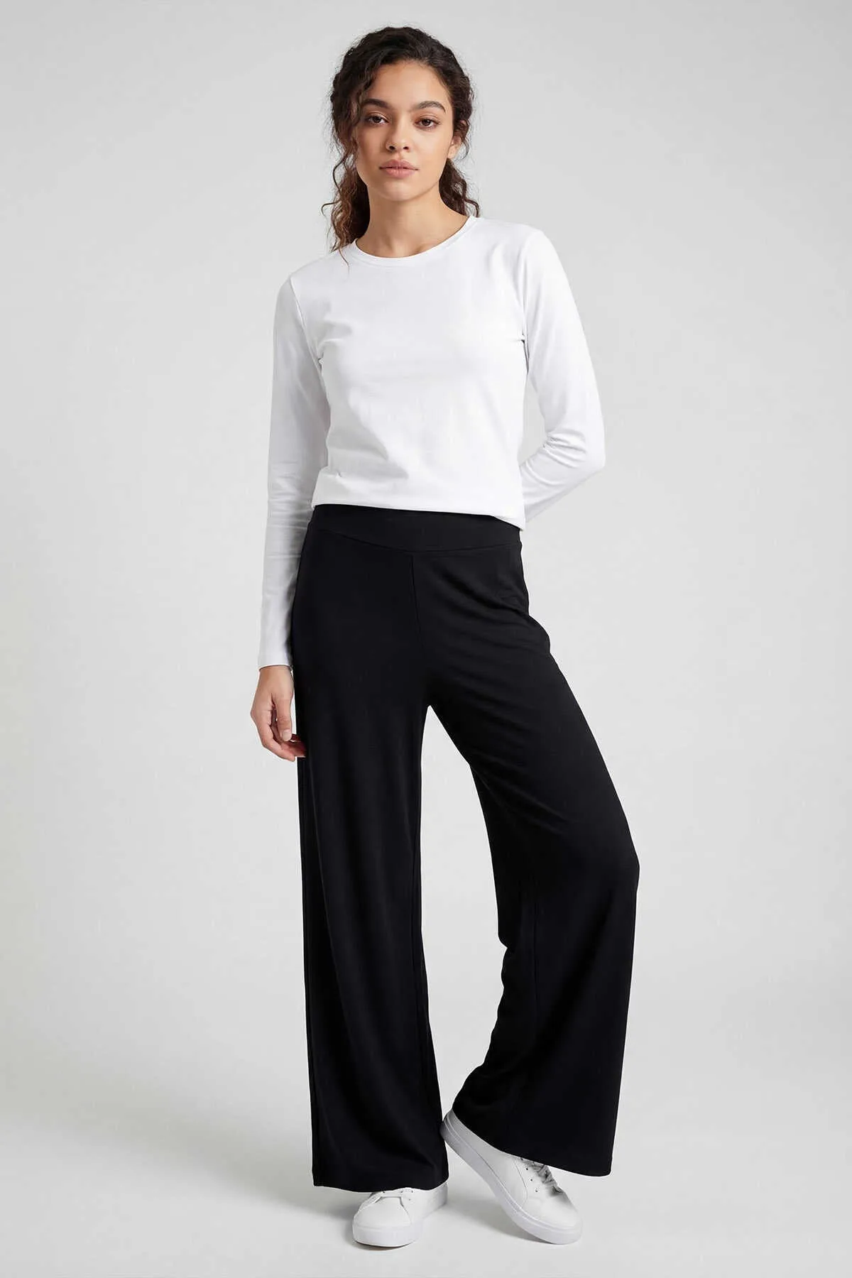 Tommylife Toptan Siyah Comfort Fit Geniş Paça Korsajlı Palazzo Kadın Pantolon - 94681 - Siyah