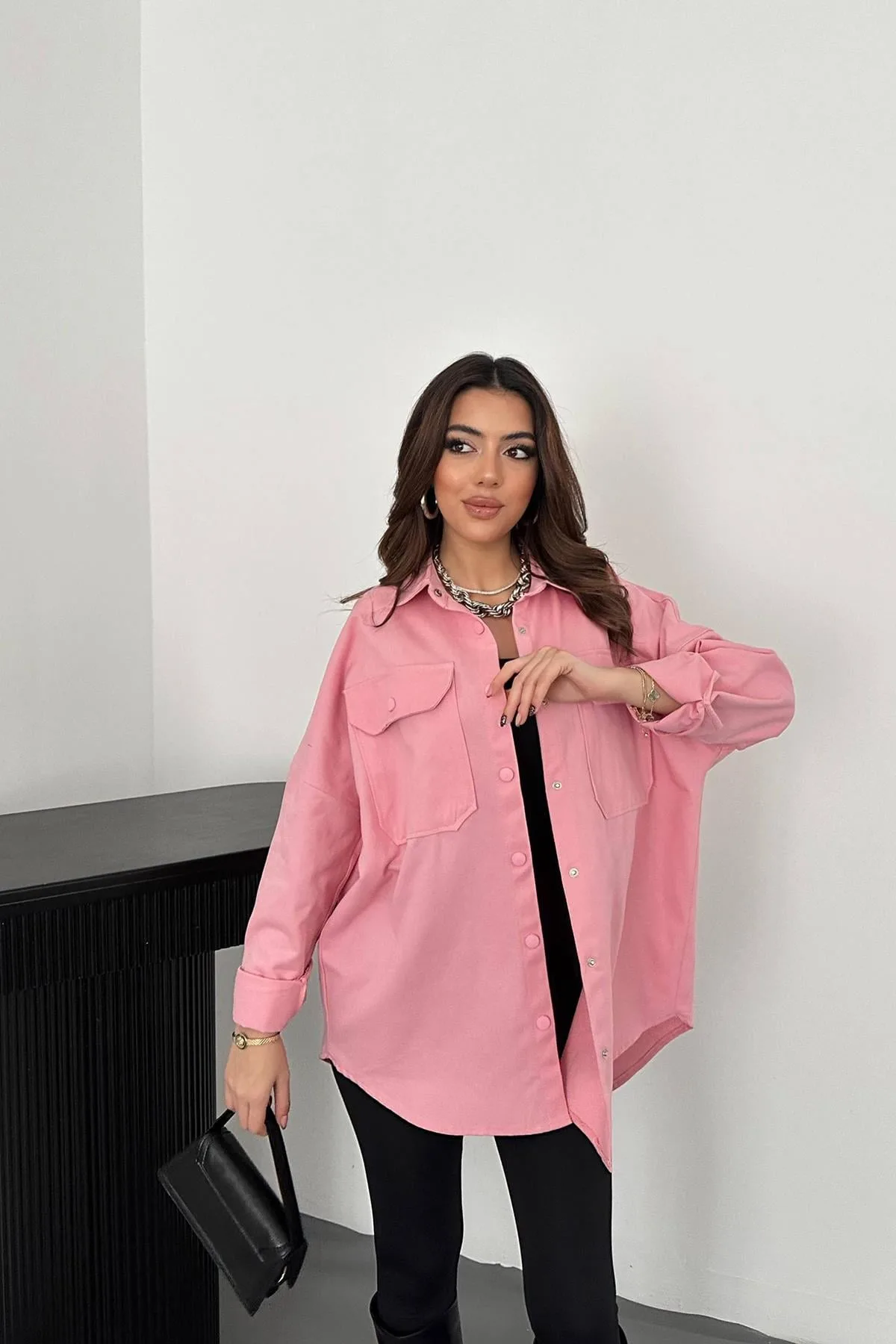 Pembe Gabardin Gömlek - Pembe