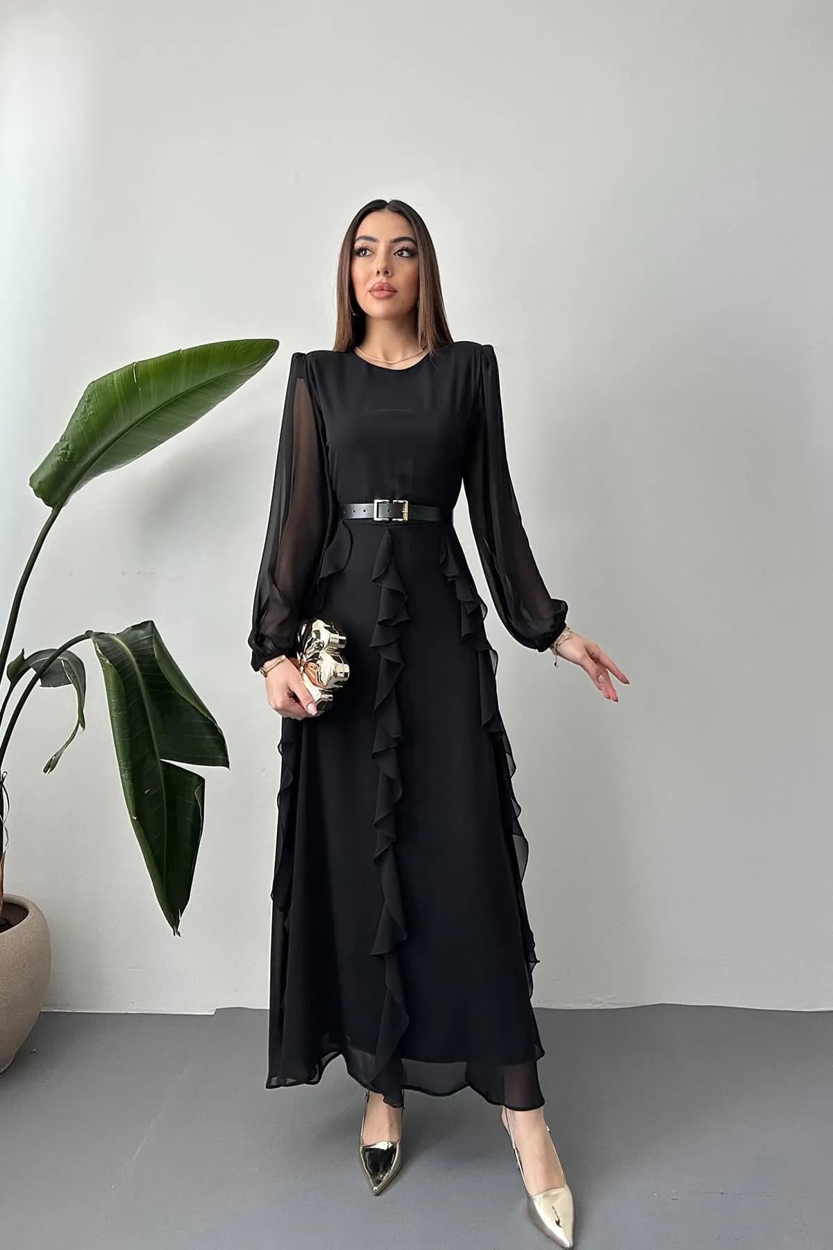 Siyah Kemerli Şifon Elbise - Siyah