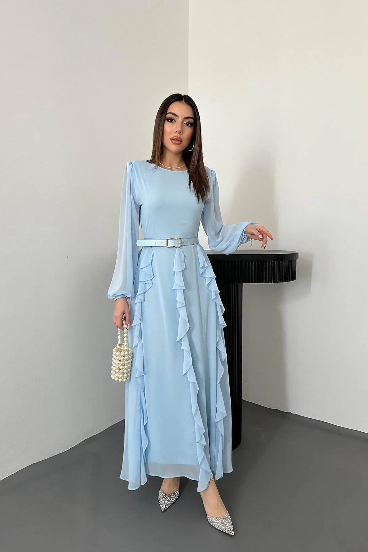 Bebe Mavi Kemerli Şifon Elbise - Bebe Mavi