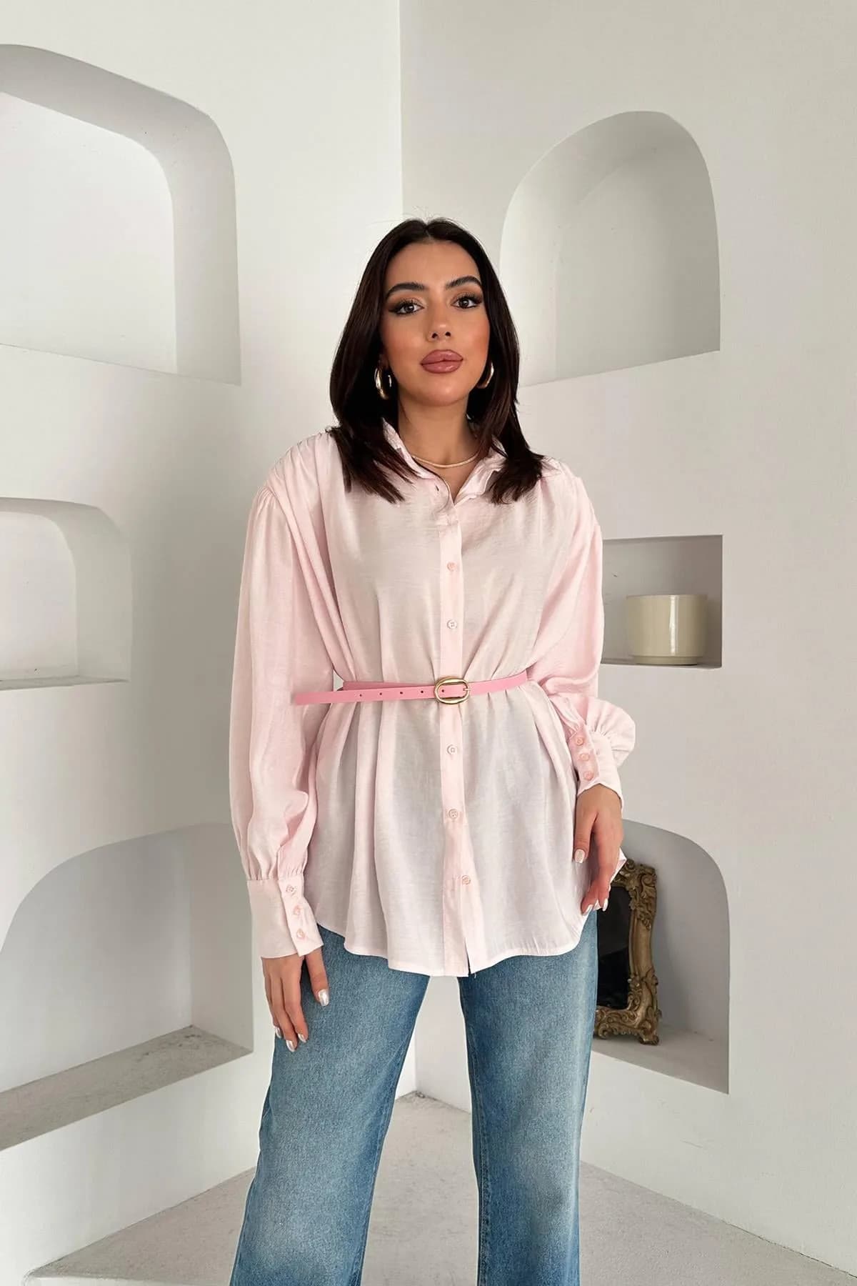 Pembe Kemer Detaylı Modal Gömlek - Pembe