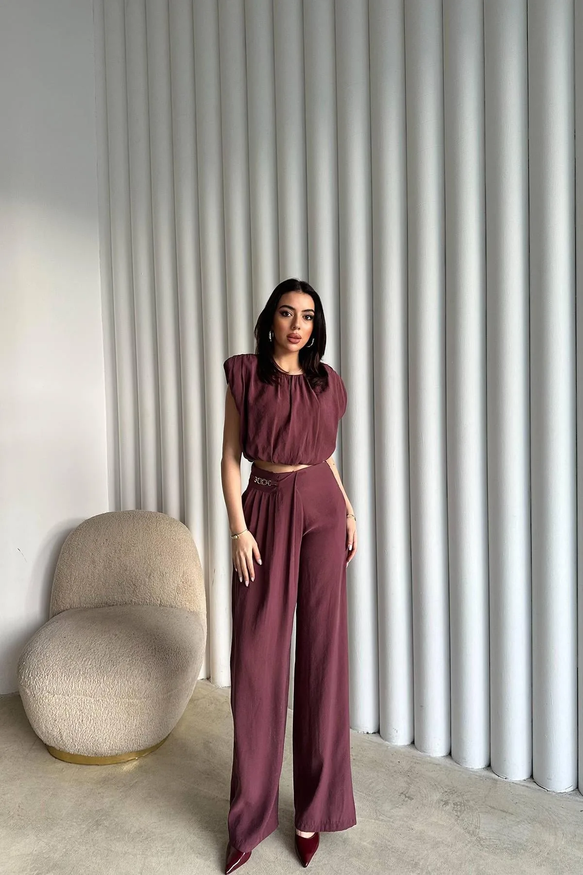 Mürdüm Modal Bluz Ve Pantolon Takım - Mürdüm
