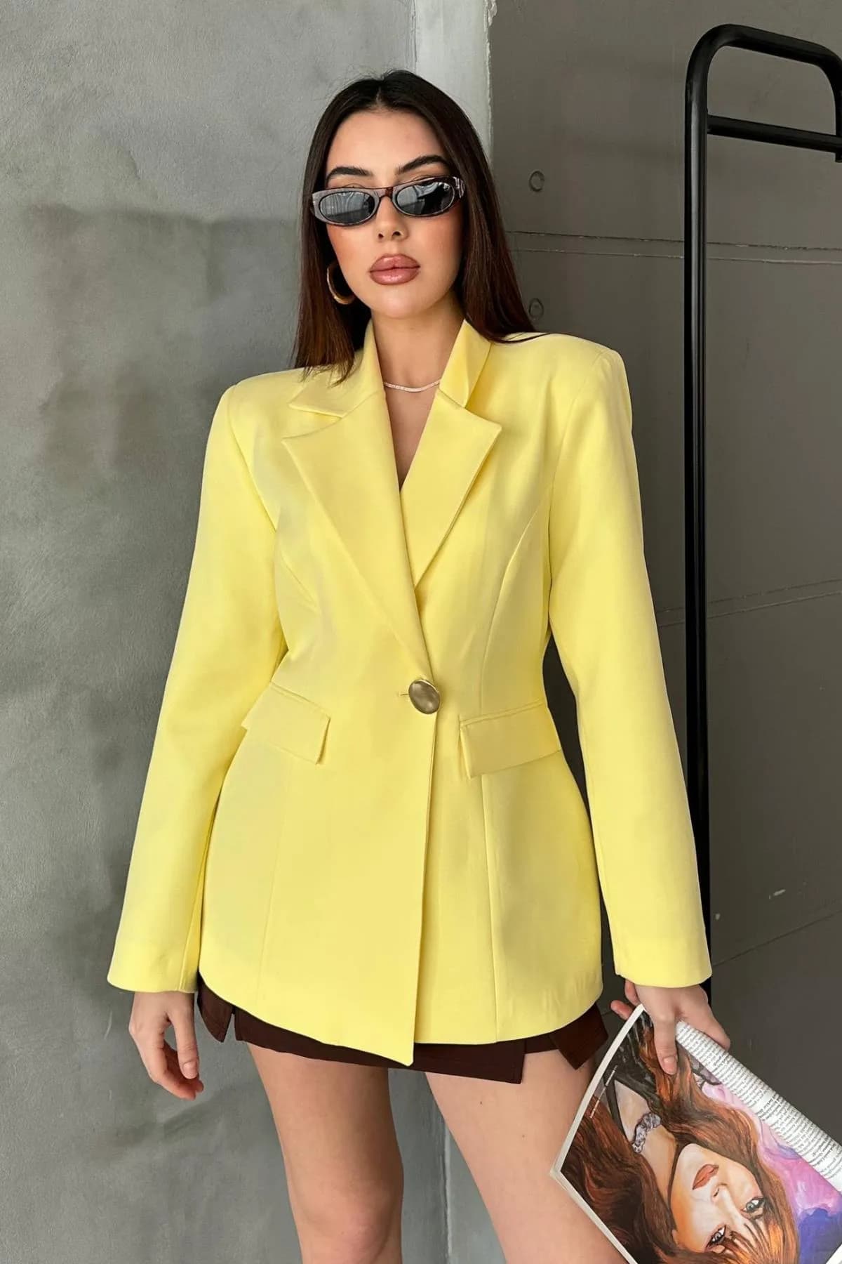Sarı Belden Oturtmalı Blazer Ceket - SARI