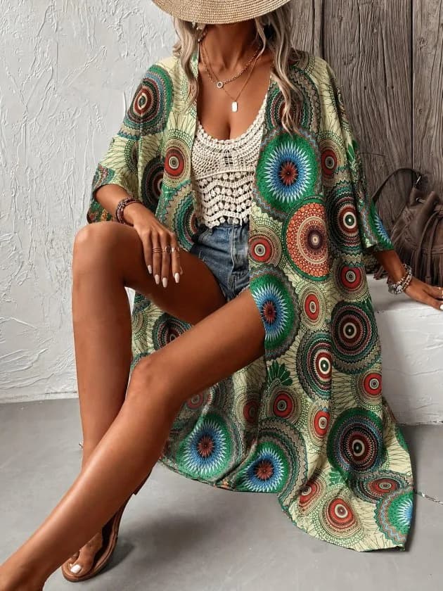 Kadın Kısa Kollu önü Açık Belden Kuşaklı Uzun Kimono, 35446 - Yeşil