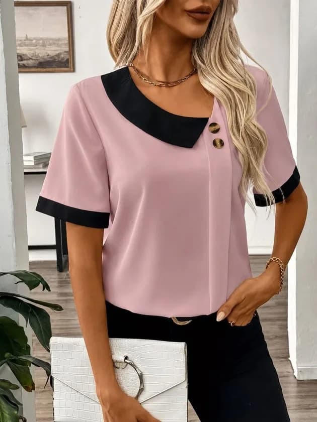 Kadın Kısa Kollu Asımetrik Yaka Detaylı Düğmeli Dubai Bluz, 35798 - Pembe