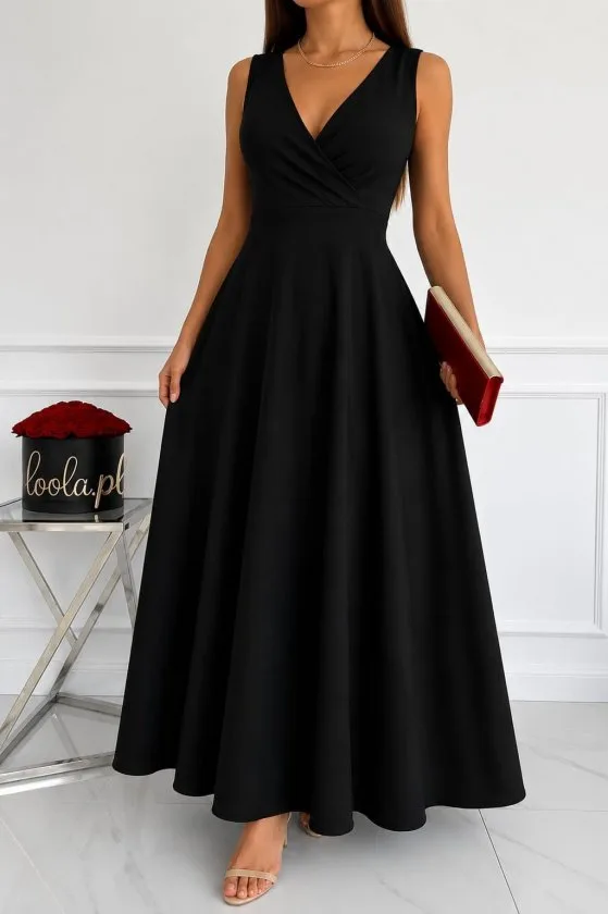Kadın Askılı Kruvaze Yakalı Maksi Boy Janjan Krep Elbise, 36344 - Siyah