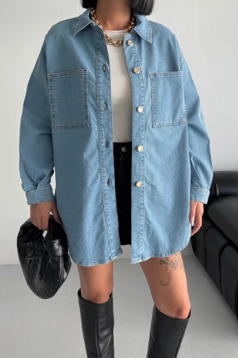 Oversize Kot Gömlek 6090 - Orta Mavi