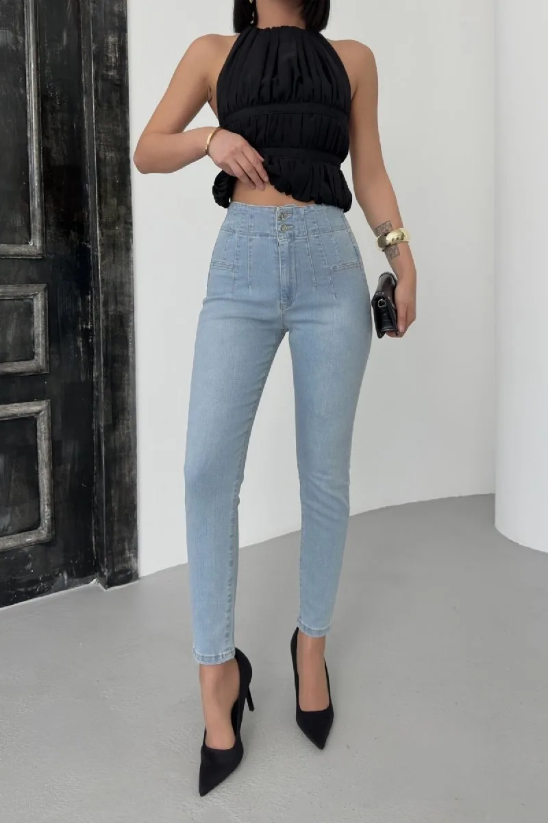 Pensli Skinny Kot Pantolon 7053 - Buz Mavisi ve Tintli