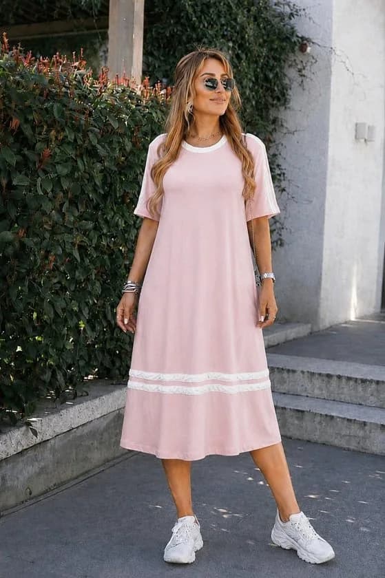 Kadın Kısa Kollu Bisiklet Yaka şerit Detaylı Midi Viskon Elbise, 36528 - Pembe