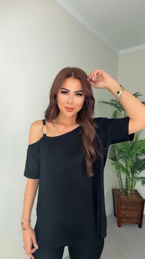 Kadın Kısa Kollu Tek Omuzdan Askılı Toka Detaylı Viskon Bluz, 36530 - Siyah