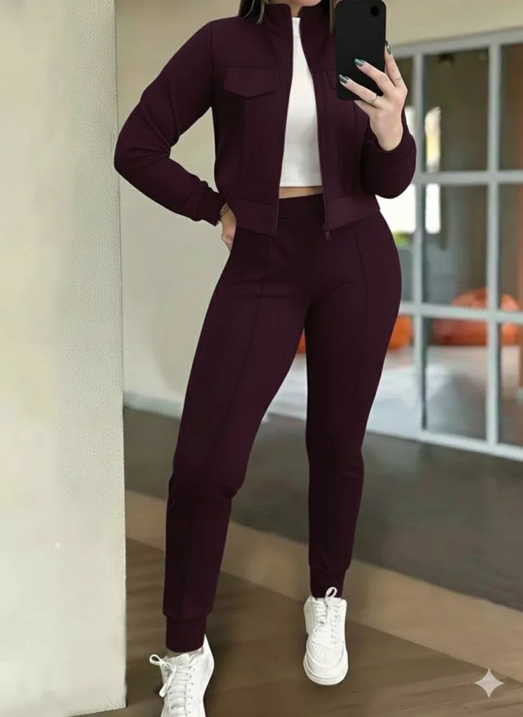 Kadın Uzun Kollu önden Fermuarlı Kısa Modal Mor Ceket Ve Pantolon Ikili Takım , 29865 - Bordo