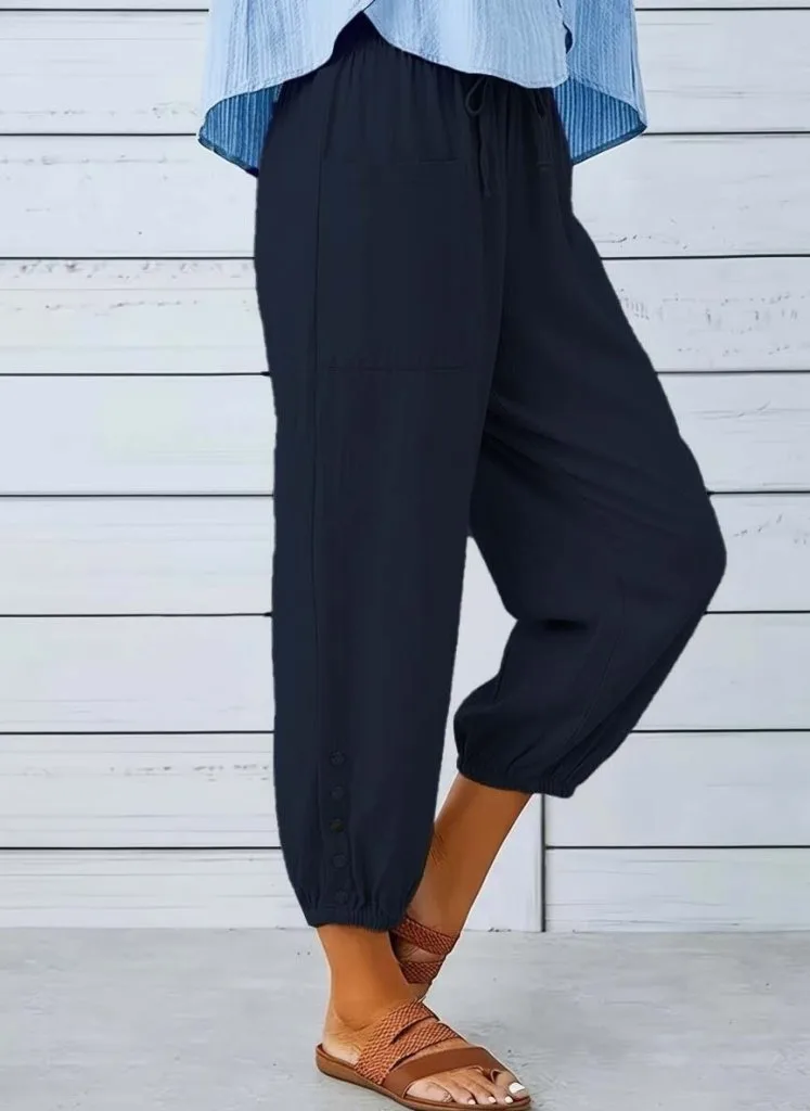 Kadın Beli Lastikli Bağcıklı Düğme Detaylı Pantolon , 36568 - Lacivert