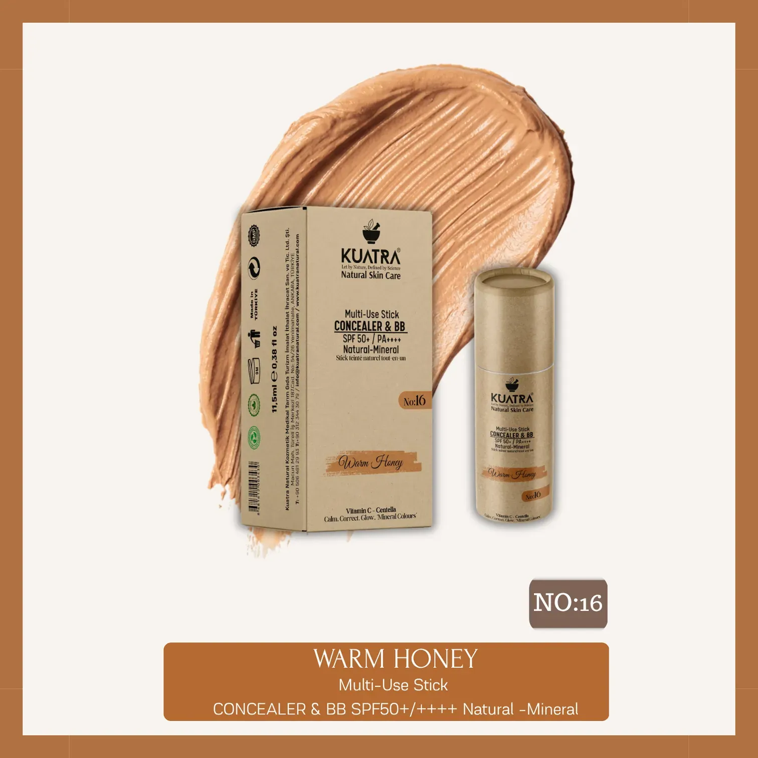 Kuatra Warm Honey Natural-Mineral Stick Concealer & BB | SPF 50+ PA++++ | Çok Amaçlı Nemlendirici, Leke Karşıtı, Vitamin C, Renkli Bakım