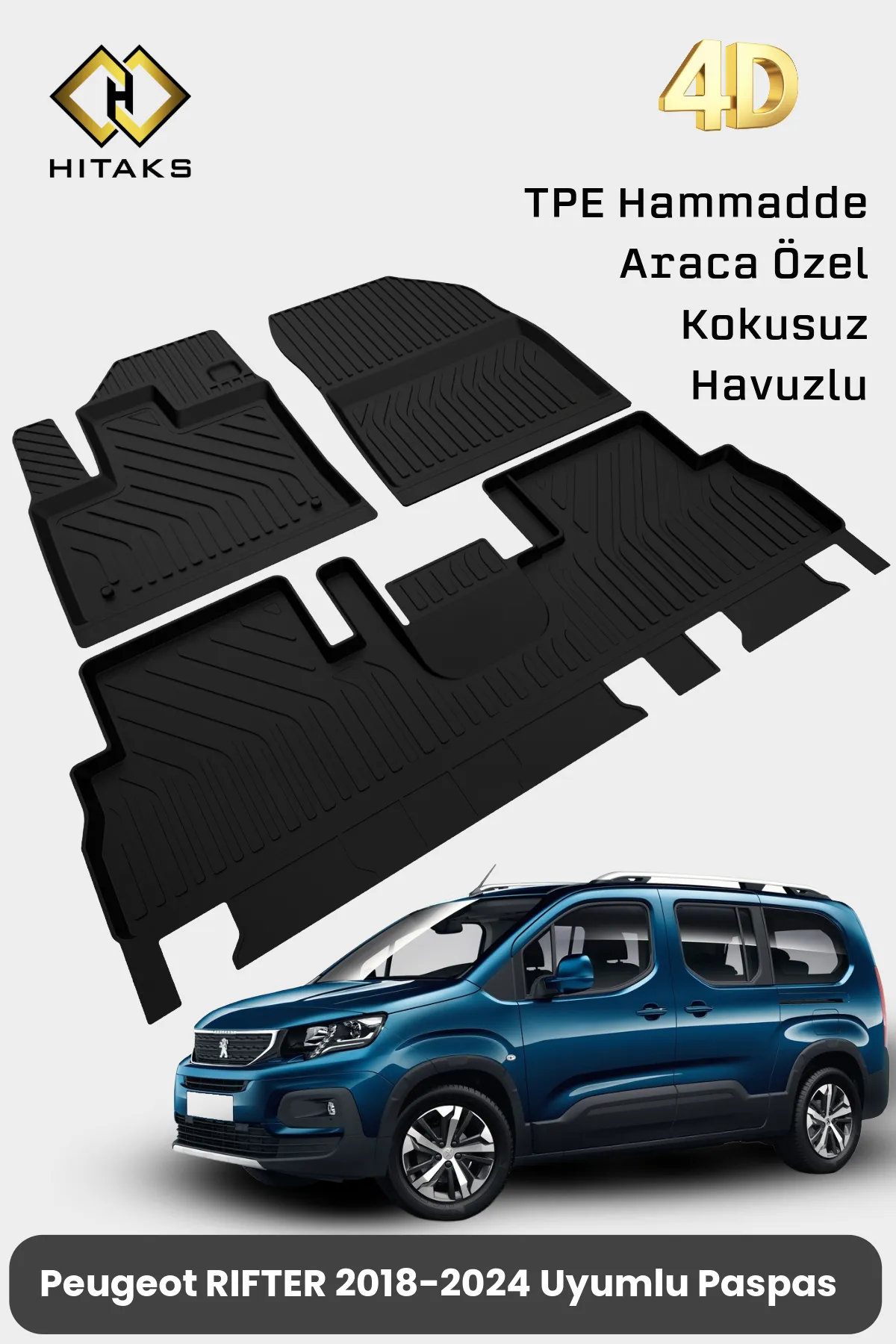 Peugeot Rifter Havuzlu 4D Paspas 2019 2020 2021 2022 2023 2024 Uyumlu - Araca Özel Paspas