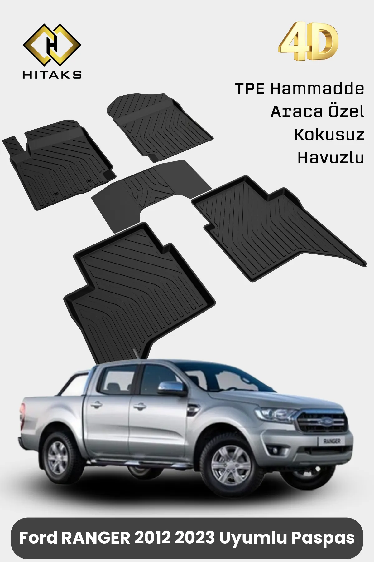 FORD Ranger 2012 2023 Uyumlu Paspas 4D Kokusuz Havuzlu Oto Paspas