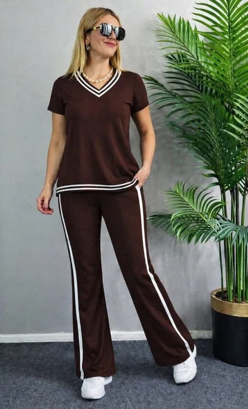 Kadın Kısa Kollu V Yakalı Viskon Iki Iplik Bluz Ve Pantolon Ikili Takım , 36670 - Kahve