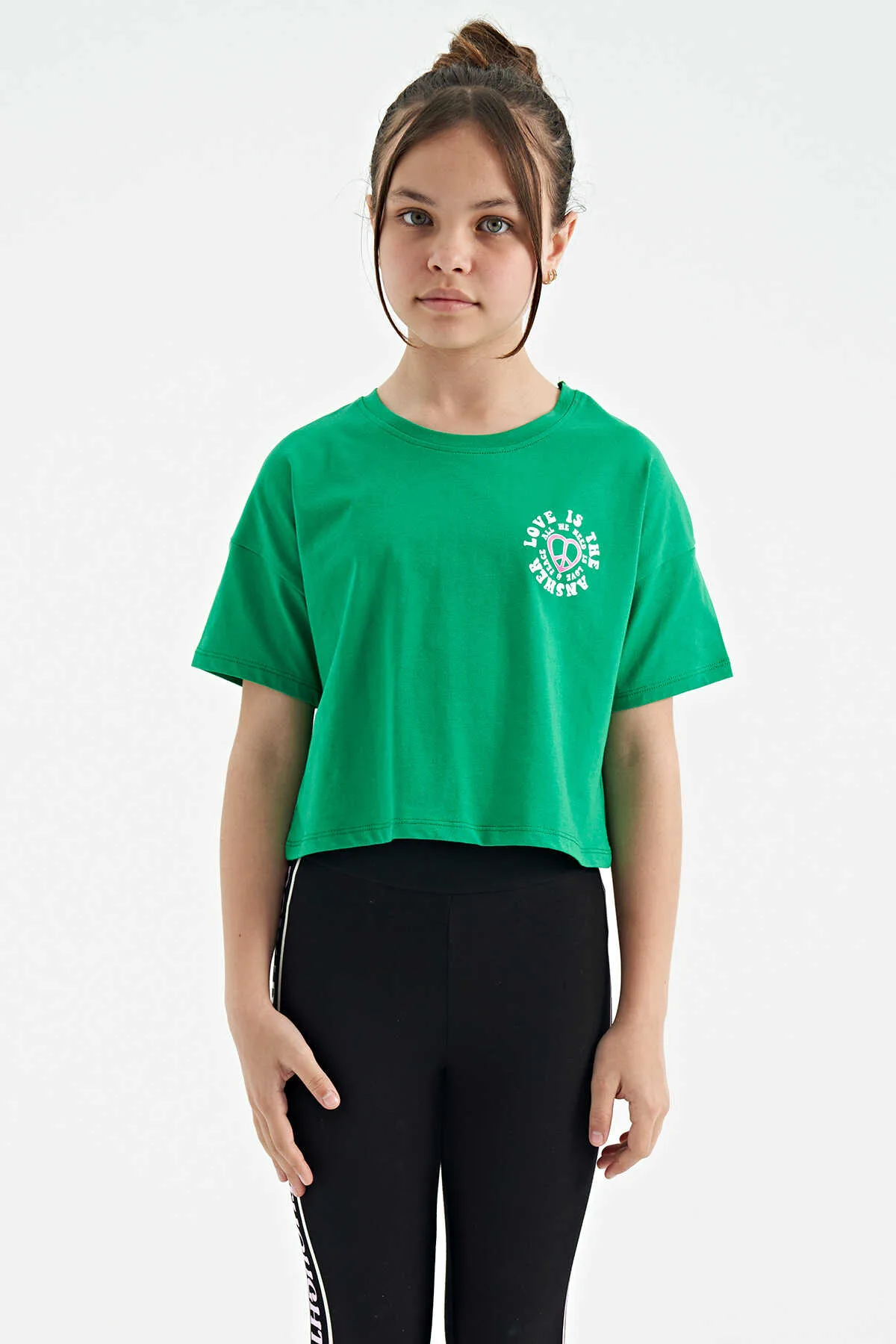 Tommylife Toptan Yeşil Ön Arka Baskılı O Yaka Düşük Omuz Oversize Kısa Kollu Kız Çocuk T-Shirt - 75126 - YEŞİL