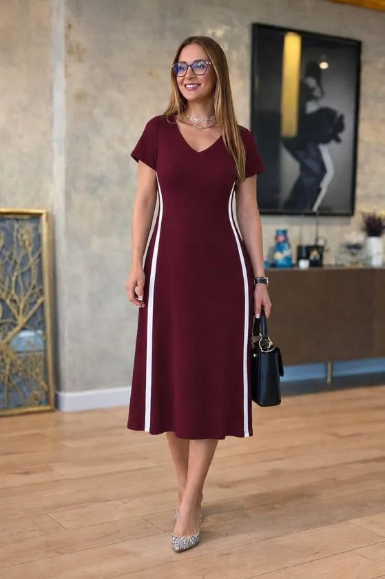Kadın Kısa Kollu V Yakalı Yanları şerit Detaylı Viskon Iki Iplik Midi Elbise, 36665 - Bordo