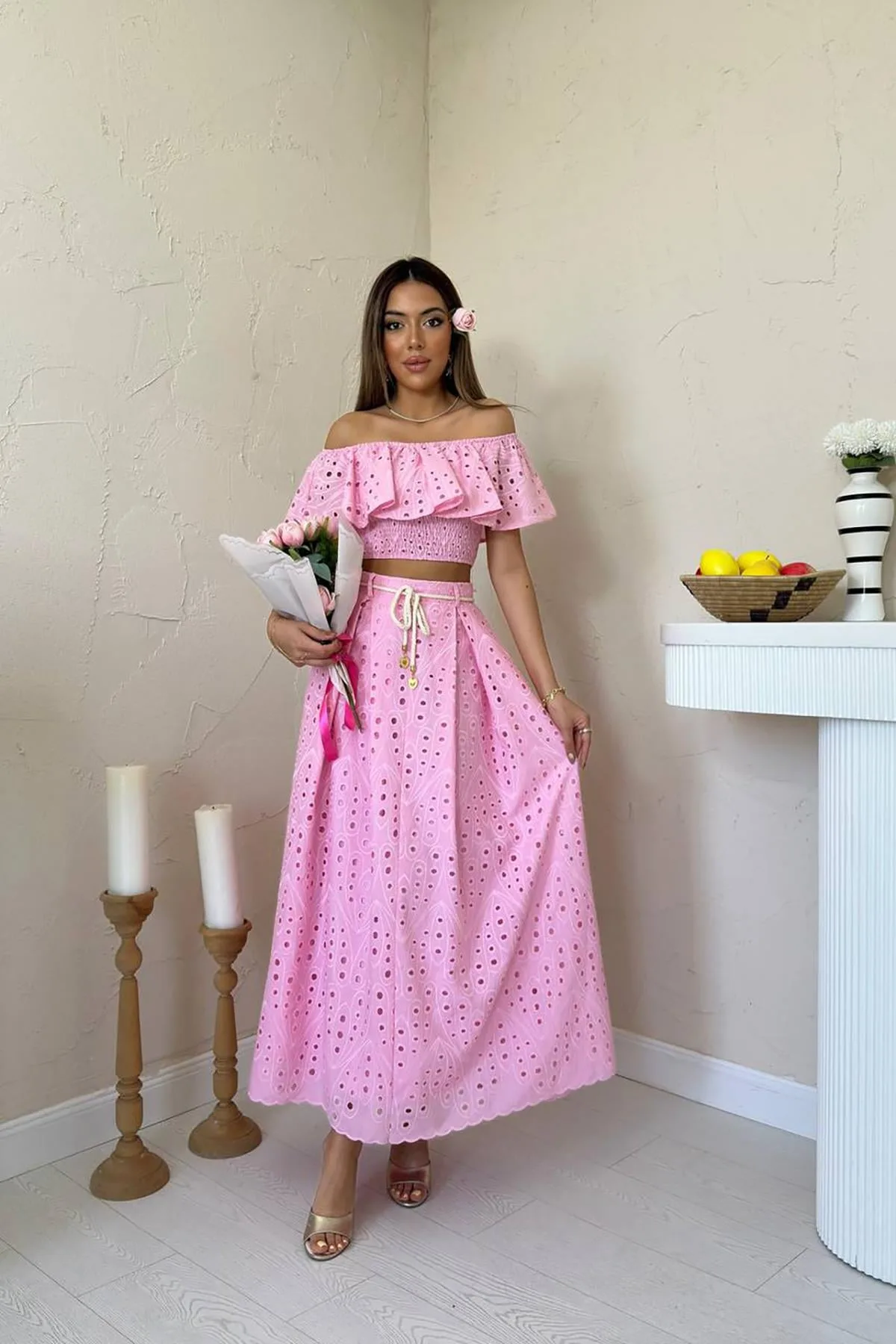 Pembe Gipeli Bluz Etek Takım - Pembe