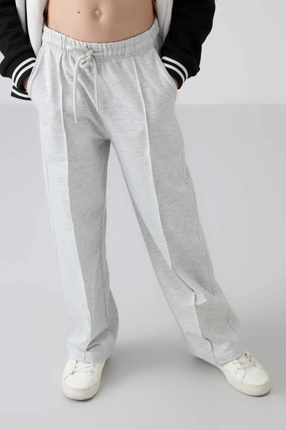 Tommylife Toptan 7-15 Yaş Geniş Paça Standart Kalıp Kız Çocuk Eşofman Alt 75144 Kar Melanj - KAR MELANJ