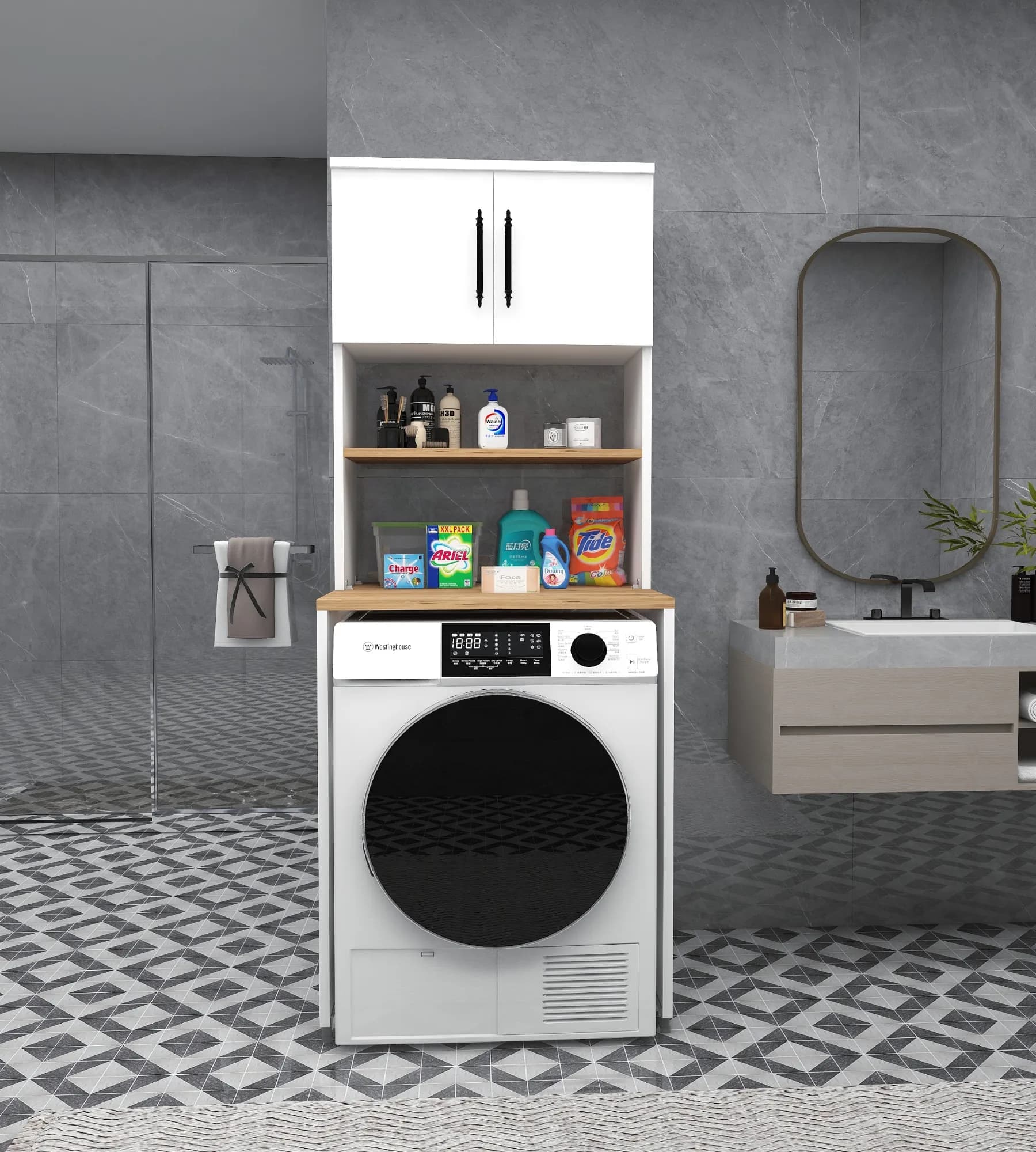 Çamaşır Makinesi Dolabı 3 Raflı Kapaklı Banyo Dolabı Atlantik Çam - Beyaz