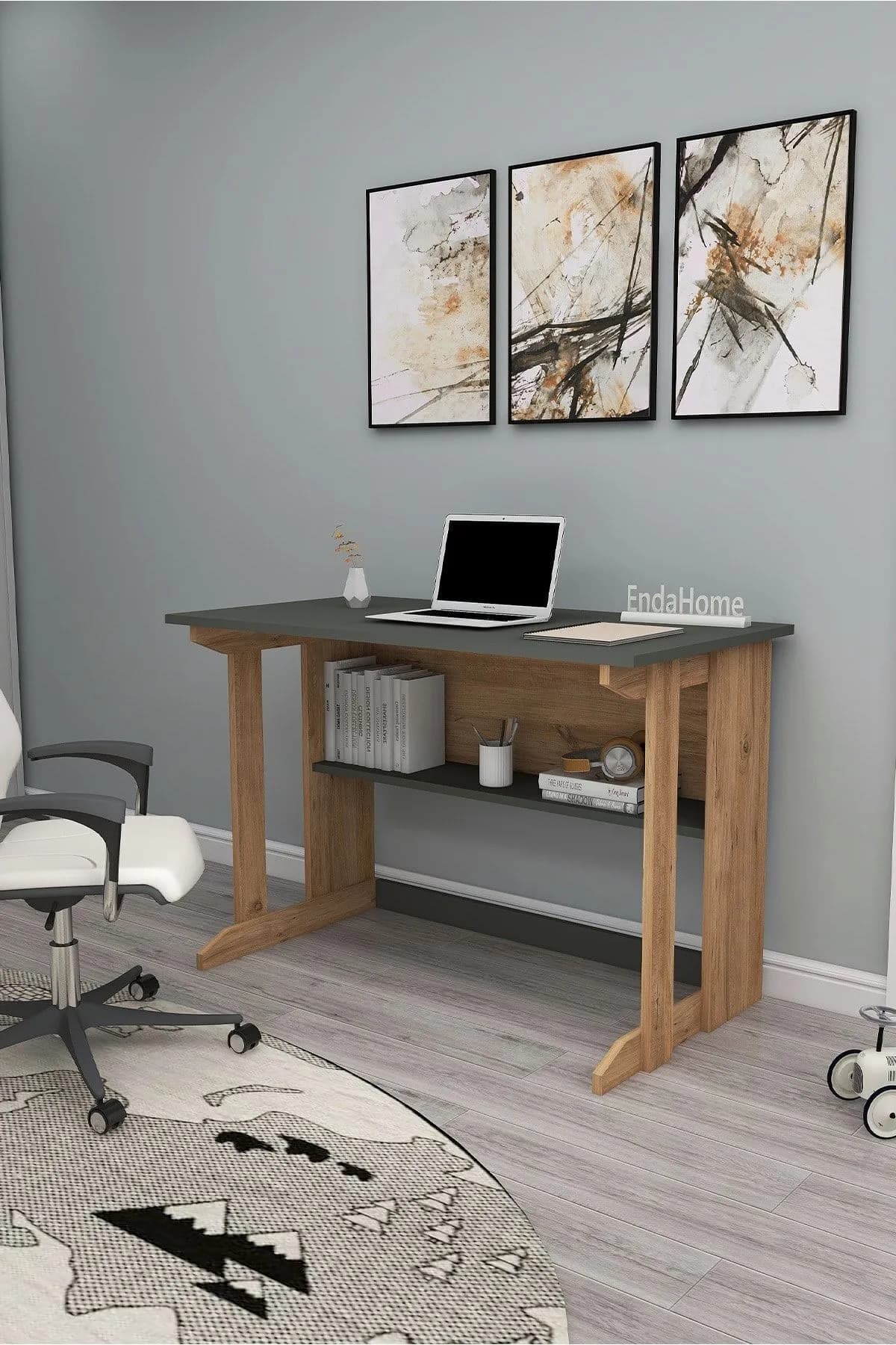 Pillar Kütüphaneli Geniş Çalışma Masası 100x56 Cm Çam - Antrasit