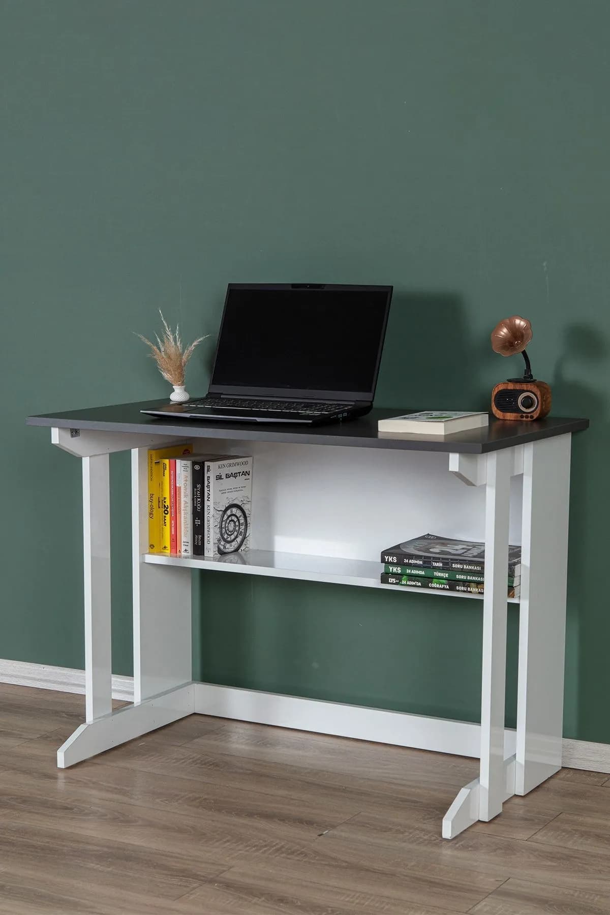 Pillar Kütüphaneli Geniş Çalışma Masası 100x56 Cm Beyaz - Antrasit