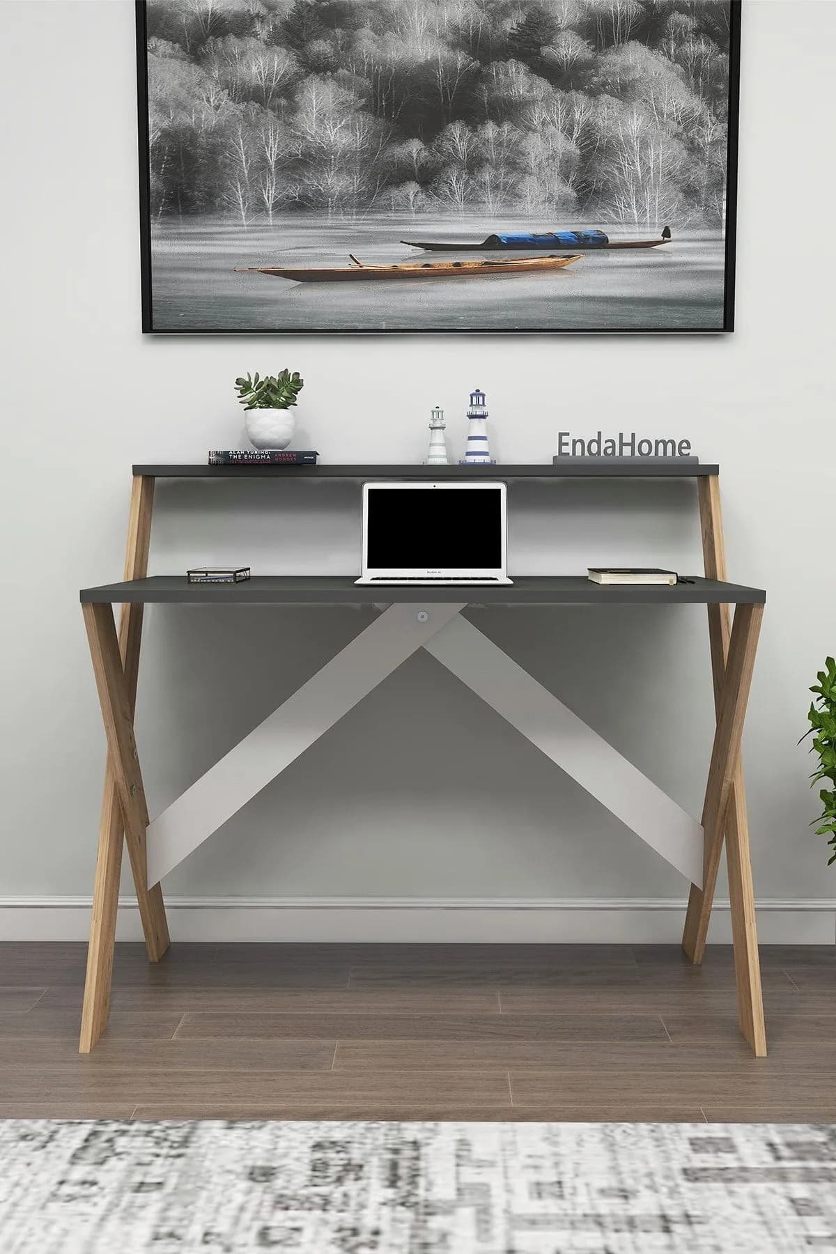 X Ayaklı Raflı Ders Çalışma Masası 50x90 cm Antrasit - Çam