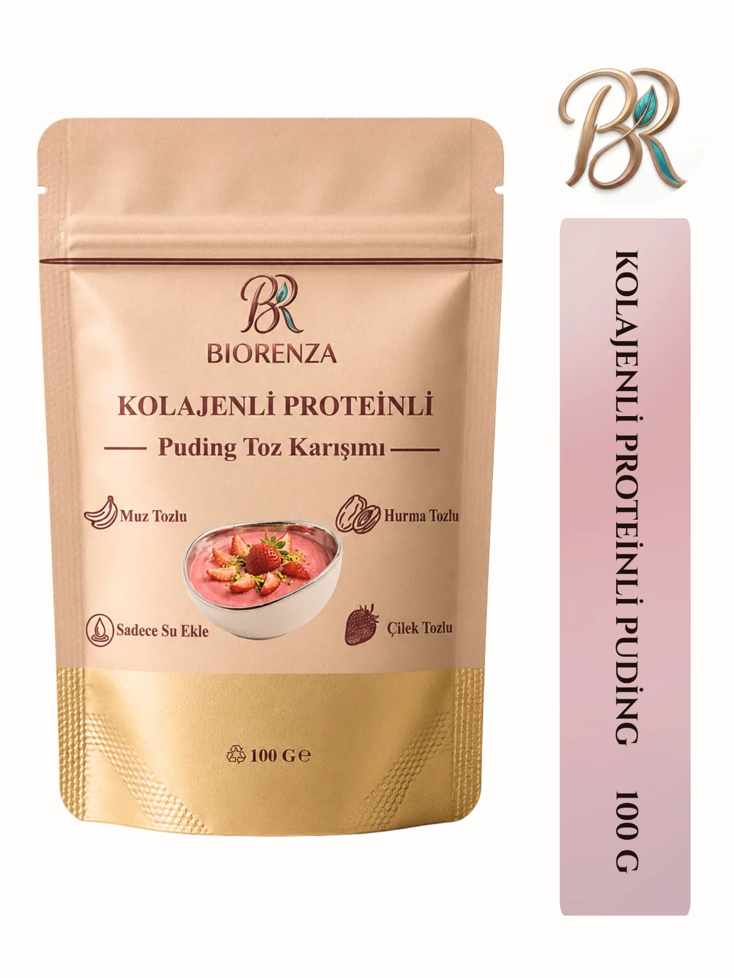 Kolajenli Proteinli Meyveli Puding Tozu Muzlu Çilekli Hurma Tozlu Şeker İlavesiz 100 G