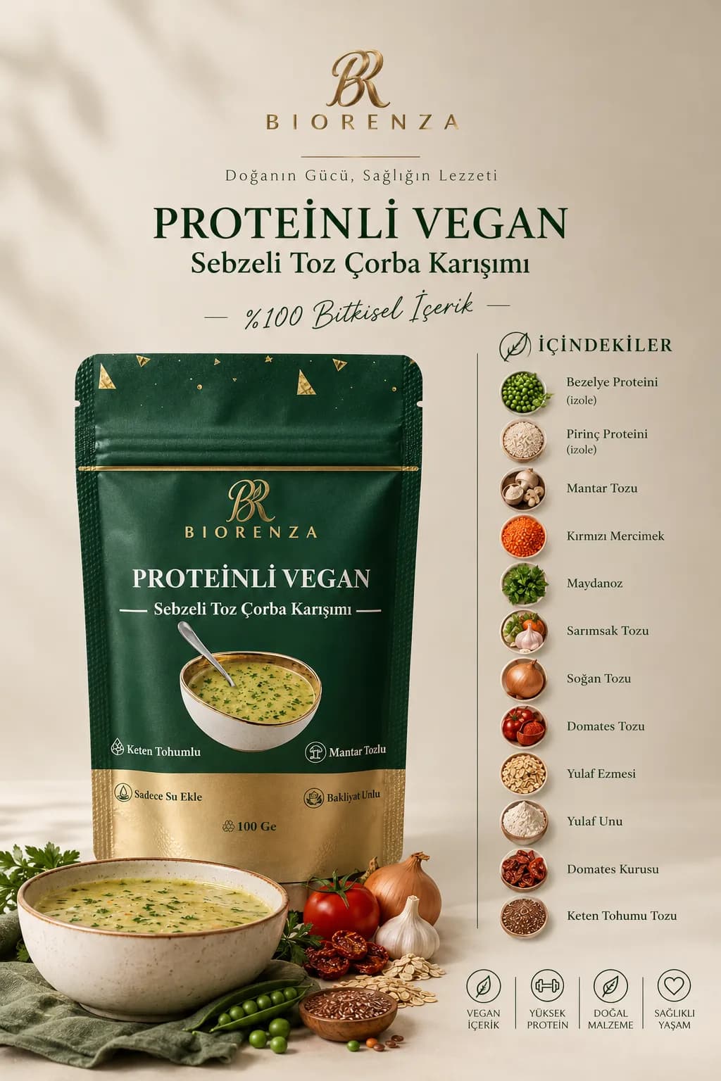 Proteinli Vegan Toz Çorba Bezelye Proteinli, Pirinç Proteinli, Sebzeli 100 G
